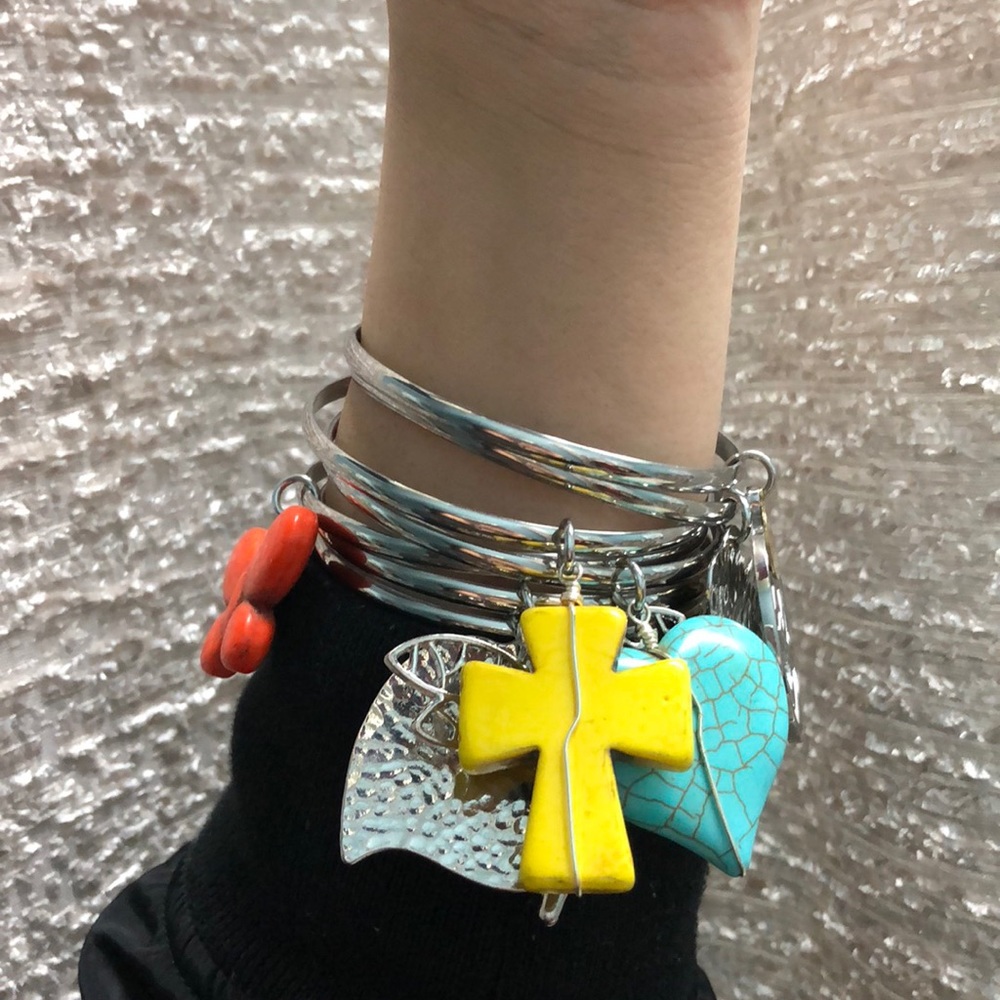 Silver bangle bracelets hearts cross butterfly 7pc